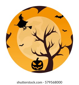 circular landscape of tree and witch in halloween night