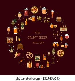 Circular a large set of colorful icons on the topic of beer, use in vector format with a place for the text. Craft Beer pixel-perfect icons in the modern style isolated on brown background.