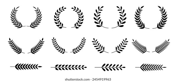 Circular laurel foliate . Set of black circular foliate laurels branches. Vector black laurels set. Emblem floral greek branch flat style