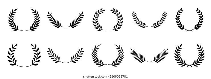 Circular laurel foliate . Set of black circular foliate laurels branches. Vector black laurels set. Emblem floral greek branch flat style