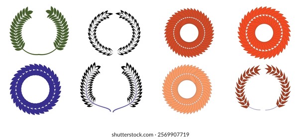 Circular laurel foliate vector icon set. Different set of silhouette laurel foliate, wheat and olive wreaths depicting an award, achievement, heraldry, nobility, emblem, logo. Vector illustration.