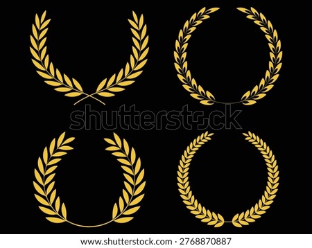Circular laurel foliate vector icon set. Set of wreaths and branches with leaves black background. vector illustration.