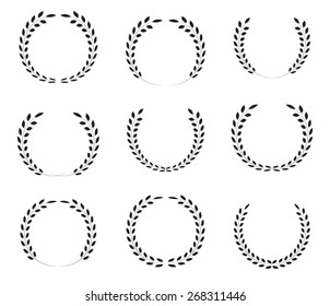 Circular laurel foliate and wheat wreaths, set of black silhouette, isolated on white background, vector illustration.