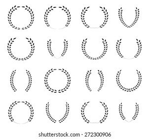 Circular laurel foliate and wheat wreaths, set of black silhouette, isolated on white background, vector illustration.