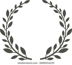 Circular laurel wreath with dark gray leaves and stems forming a minimalist frame on a white background, ideal for awards, achievements or certifications