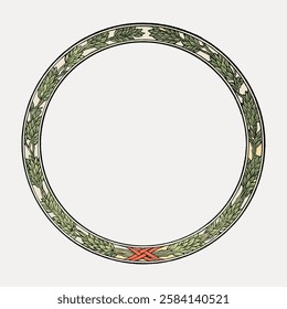 Circular laurel wreath design with green leaves. The laurel wreath is detailed and decorative. Perfect for classical themes or elegant design projects. Vintage art illustration, vector.