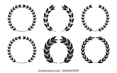 Circular laurel wreath set. Emblem floral Greek branch of oak leaves, eucalyptus leaf, Wheat, winner award, champion and flower