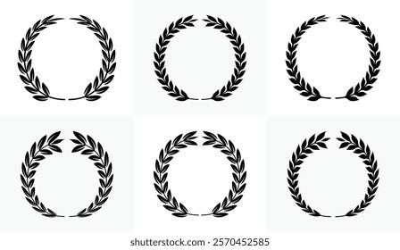 Circular laurel wreath set. Emblem floral, Greek branch of oak leaves, eucalyptus leaf, Wheat, winner award, champion and flower vector design