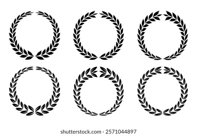 Circular laurel wreath set. Emblem floral, Greek branch of oak leaves, eucalyptus leaf, Wheat, winner award, champion and flower vector