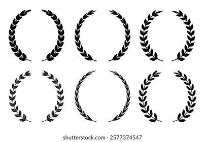 Circular laurel wreath set. Emblem floral, Greek branch of oak leaves, eucalyptus leaf, Wheat, winner award, champion and flower vector