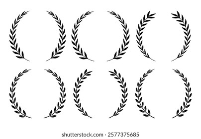 Circular laurel wreath set. Emblem floral, Greek branch of oak leaves, eucalyptus leaf, Wheat, winner award, champion and flower vector