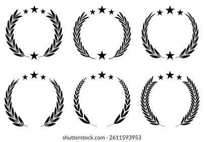Circular laurel wreath set. Emblem floral, Greek branch of oak leaves, eucalyptus leaf, Wheat, winner award, champion and flower vector