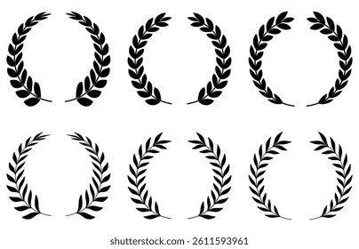 Circular laurel wreath set. Emblem floral, Greek branch of oak leaves, eucalyptus leaf, Wheat, winner award, champion and flower vector