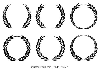 Circular laurel wreath set. Emblem floral, Greek branch of oak leaves, eucalyptus leaf, Wheat, winner award, champion and flower vector