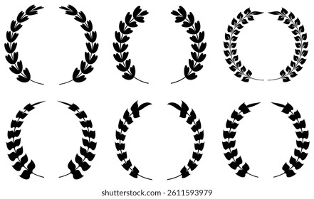 Circular laurel wreath set. Emblem floral, Greek branch of oak leaves, eucalyptus leaf, Wheat, winner award, champion and flower vector