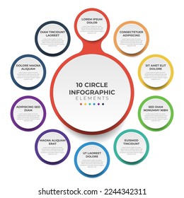 Circular layout diagram with 10 points of steps, sequence, colorful circle infographic element template vector.