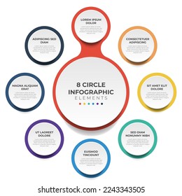 Circular layout diagram with 8 points of steps, sequence, colorful circle infographic element template vector.