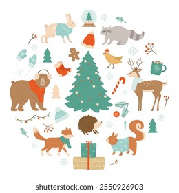 Circular layout of forest animals like bears, rabbits, and deer, accompanied by seasonal winter elements including trees, mittens, and gifts. Christmas vector illustration for holiday and winter topic