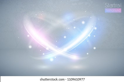 Circular lens flare blue and pink light effect with sparks. Abstract cross ellipse. Rotational glow line. Power energy. Glowing ring trace background. Vector circle frame. Magic sparkling swirl trail.