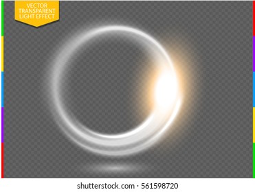Circular lens flare transparent light effect. Abstract ellipse border. Luxury shining rotational glow line. Power energy element. Glowing ring trace background. Round shiny vector circle swirl trail