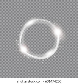 Circular lens flare transparent light effect. Abstract sparkling spark. Ellipse border. Shining shock. Rotational glow line. Power energy element. Glowing ring trace. Round shiny frame. Vector circle
