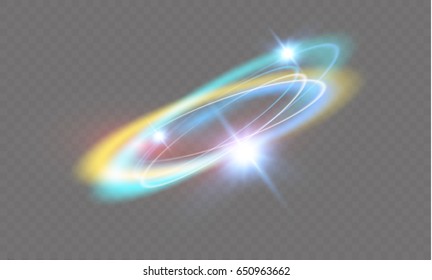 Circular lens flare transparent light effect. Rotational glow line. Power energy. Glowing ring trace background.