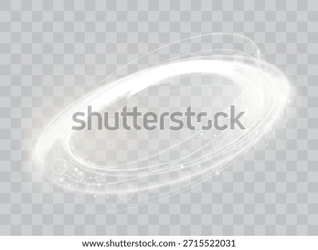 Circular lens flare. Transparent light effect. Line of rotation of light. Magical sparkling vortex trail. Light twirl. Luminous circle portal. Vector