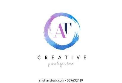 AT Circular Letter Brush Logo. Pink Brush with Splash Concept Design.