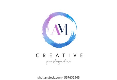 AM Circular Letter Brush Logo. Pink Brush with Splash Concept Design.