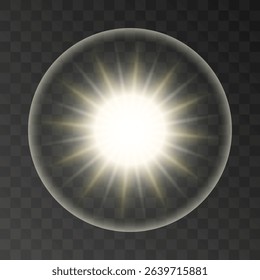 Circular light burst with transparent glow. Vector illustration on a dark checkered background