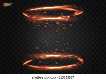 Circular light effect vector fire ring. Luminous fire elepses. The sparkling effect sparkles against a black background. Golden lines of the ellipse with flashes