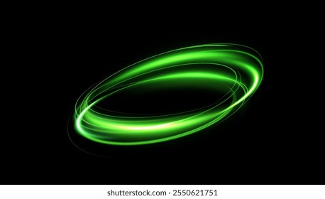 Sendero de luz circular. Círculo de luz de neón verde. Los anillos de luz verde brillantes giran.