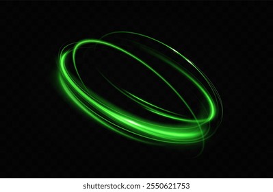 Circular light trail. Green neon circle of light. Green glowing rings of light rotate.