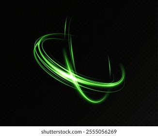 Circular light trail. Green neon circle of light. Green glowing rings of light rotate.