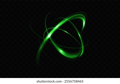 Circular light trail. Green neon circle of light. Green glowing rings of light rotate.