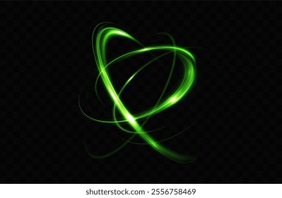 Circular light trail. Green neon circle of light. Green glowing rings of light rotate.