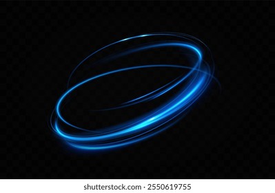 Circular light trail.Blue neon circle light.Blue glowing rings of light spinning.