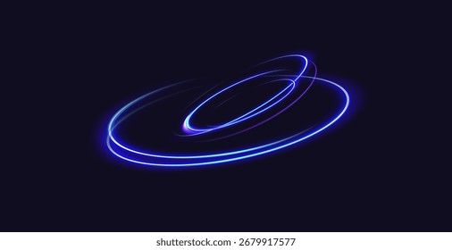 Circular light trail.Blue neon circle light.Blue glowing rings of light spinning.