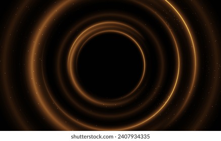 Circular light trails on space background. Golden glowing circular frame. Portal and frame, abstract light of movement and speed. Science fiction futuristic 3D speed tunnel warp. Science Vector EPS10.