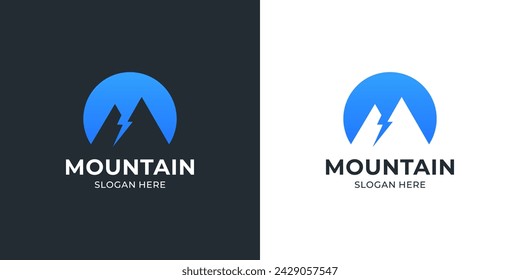Circular lightning with negative shape mountain logo design.