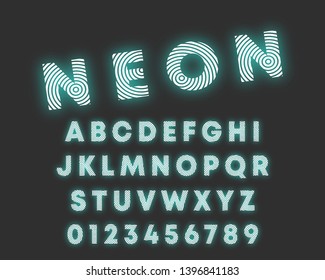 Circular line alphabet font. Letters and numbers neon design. Vector illustration.