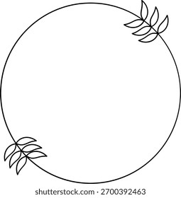 Marco circular del arte de la línea con una Pequeña, simple ramita de hojas, boda minimalista o Plantilla del logotipo