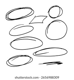Kreislinie, handgezeichneter Stil, schwarz-weiße Skizze. Vektorgrafik. Das Doodle ist in Form von Kreisen unterschiedlicher Form, einzeln auf weißem Hintergrund. Geschäftskonzept, verschiedene Hinweise