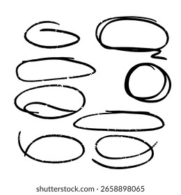 Línea circular, estilo dibujado a mano, boceto en blanco y negro. Ilustración vectorial. El doodle está en forma de círculos de diferentes Formas, aislados sobre fondo blanco. Concepto de negocio, varias notas