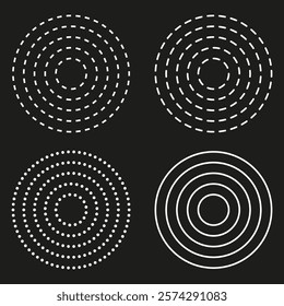 Circular line pattern. Dotted concentric circles. Dashed curved lines. Minimal design vector.