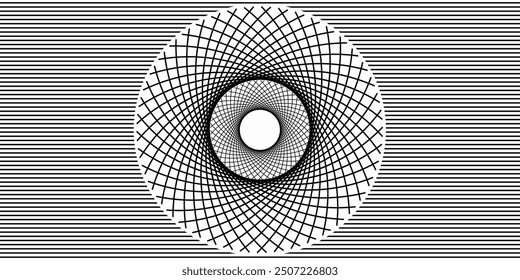 Circular line pattern vector illustration in black and white, isolated on white background.