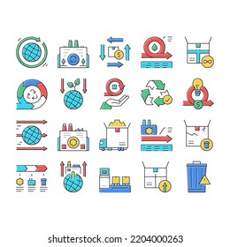 Circular And Linear Economy Model Icons Set Vector. Eco Friendly Plant And Industrial Factory, Manufacturing And Waste World Economy Concept Linear Pictograms. Color Contour Illustrations