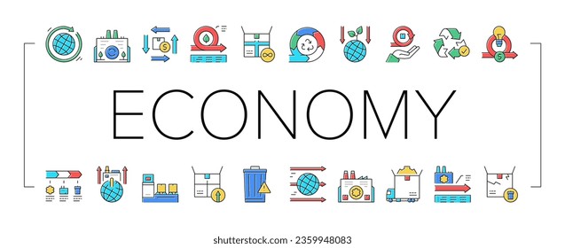 Iconos De Modelo De Economía Circular Y Lineal Set Vector. Fábrica E Industria Ecológica, Fabricación Y Residuos De La Economía Mundial Concepción Pictogramas Lineales. Ilustraciones de contorno de color