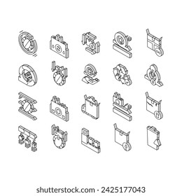 Conjunto de iconos isométricos del modelo de economía circular y lineal. Fábrica Ecológica E Industrial, Fabricación Y Residuos Concepto De Economía Mundial Pictogramas Lineales. Contorno de color .