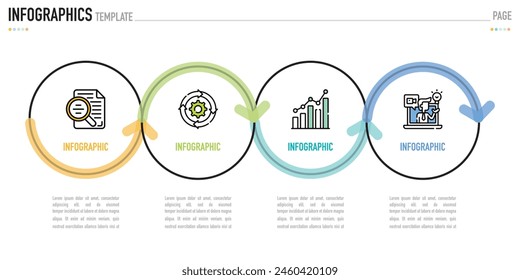 Circular linear infographic template or element with 4 step, process, option, colorful connected circle, label, shadow, minimal style for sale slide, agenda, schedule, flowchart, workflow, calendar